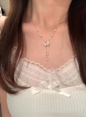香港正生纯银项链女韩版纯银925可调节贝珠蝴蝶流苏项链森系网红