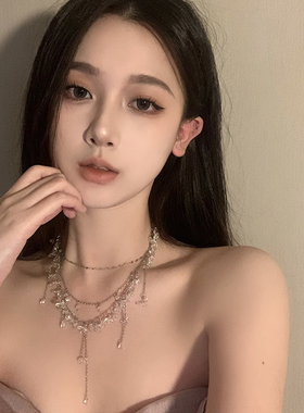 超仙粉色水晶串珠流苏项链女小众