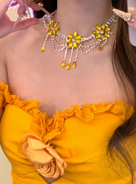 寇香黛丽~复古黄色水晶花朵锆石项链女轻奢宴会晚礼服锁骨链颈链