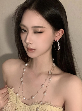 BXA夏季长款珍珠项链大气高级感满天星珍珠颈链配饰女耳圈套装