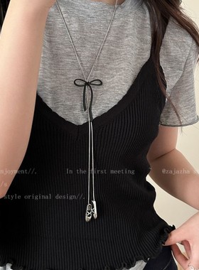 MIU系蝴蝶结金属项链女款长款毛衣链高级感轻奢小众卫衣配饰穿搭