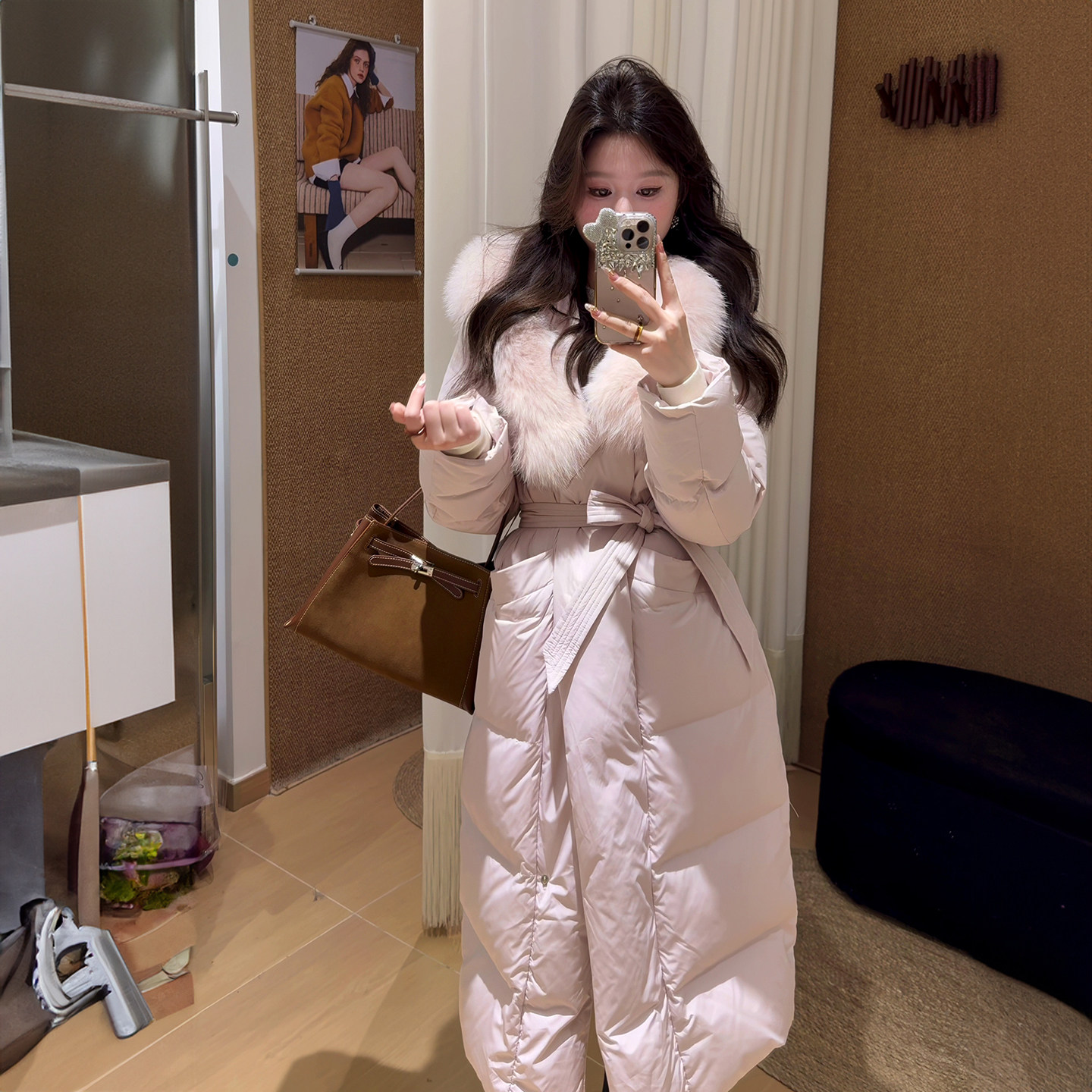 粉色大毛领长款收腰羽绒棉女款2025冬季新款巨好看的加厚保暖外套,淘宝优惠券,粉丝福利购,淘宝优惠卷