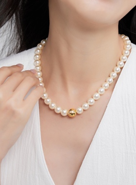 OUBIYABI欧比雅比 日出生日礼物女项链10mm施家珠高升金色珠颈链