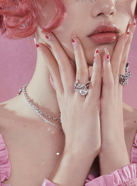 戒指粉色褶皱开口镶嵌锆石