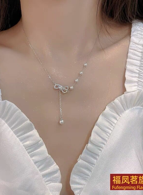 925银十字链女正生蝴蝶结珍项链