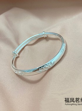 福凤茗9999纯银手镯女款推拉莲花足银亮面镯子送婆婆妈妈奶奶礼物