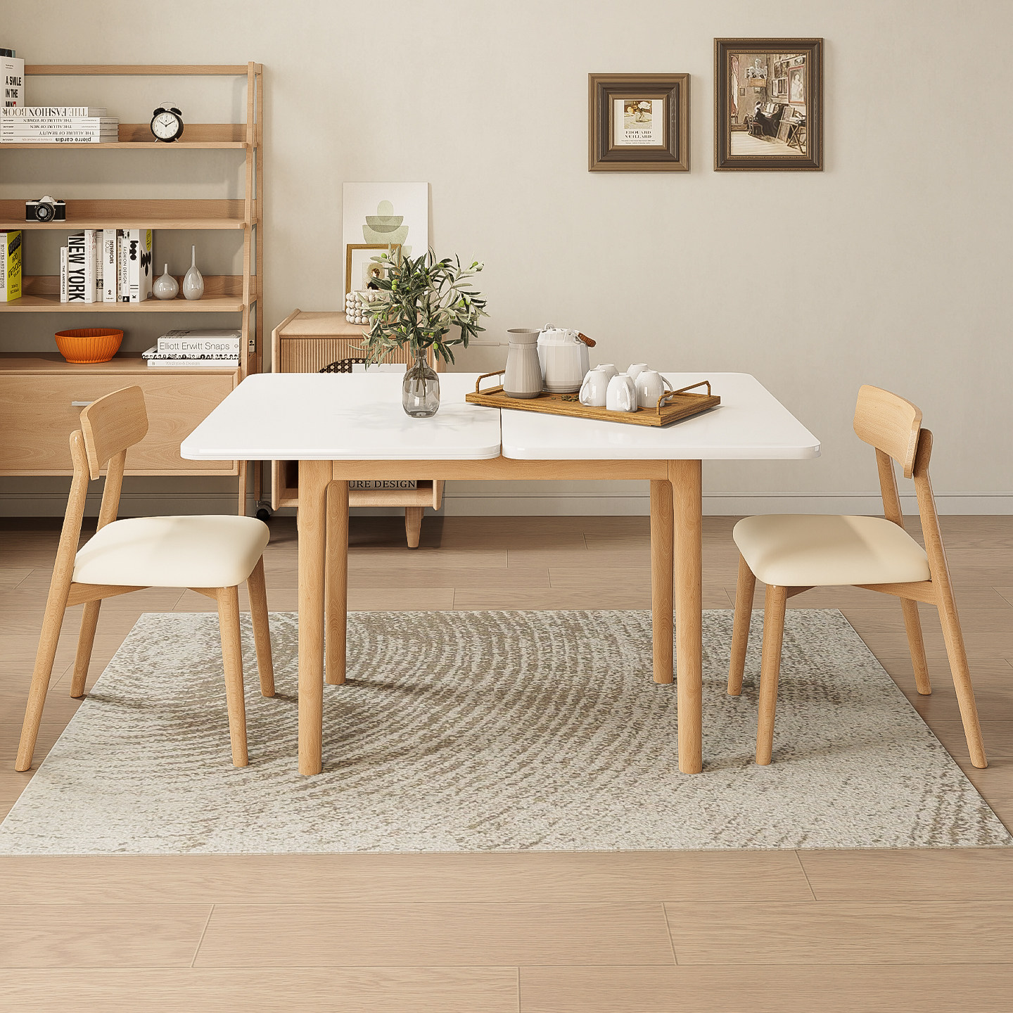 奶油风岩板家用实木餐桌椅组合小户型折叠多功能靠墙方形吃饭桌,淘宝优惠券,粉丝福利购,淘宝优惠卷