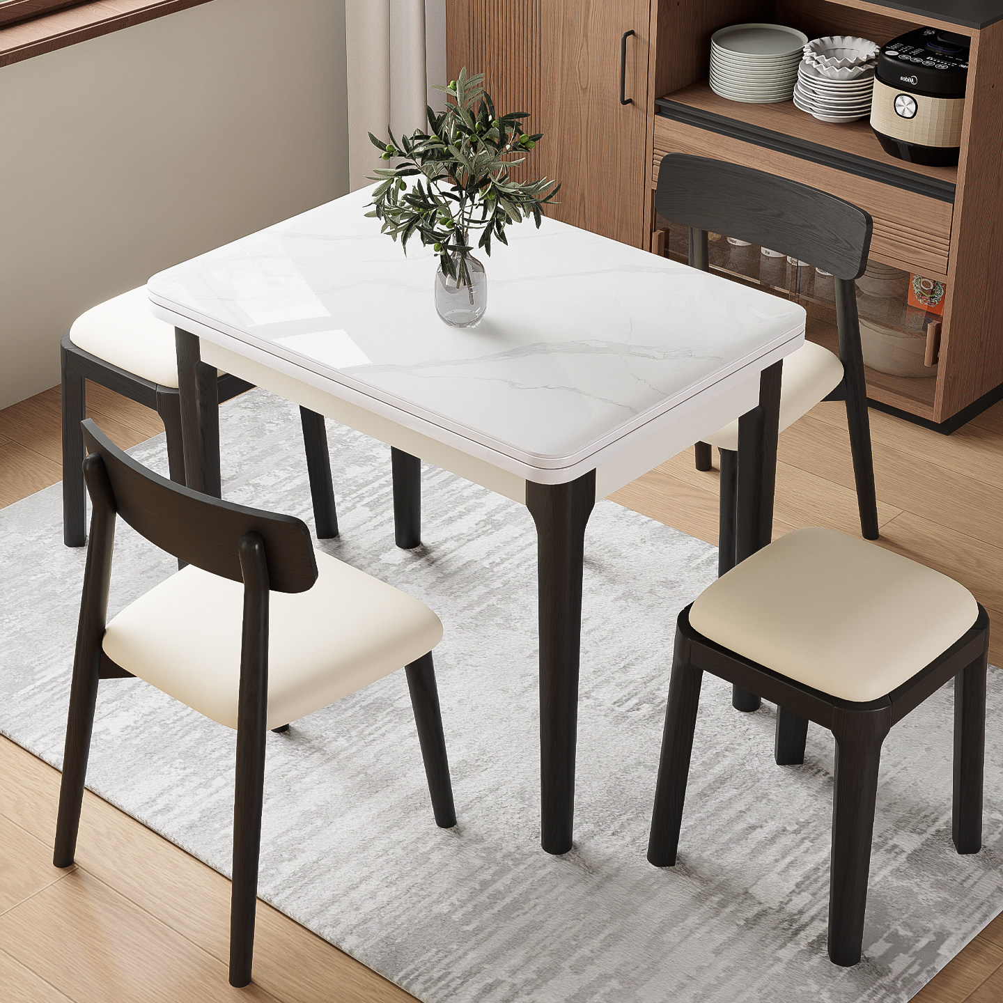 现代简约岩板家用实木餐桌椅组合小户型折叠多功能靠墙方形复古桌,淘宝优惠券,粉丝福利购,淘宝优惠卷
