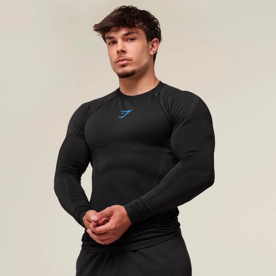 美式无缝休闲训练长袖健身衣男士运动跑步透气紧身显肌肉修身圆领