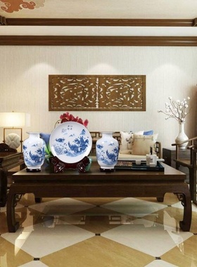 青花瓷三件套陶瓷器花瓶摆件景德镇家居酒柜装饰品客厅工艺品