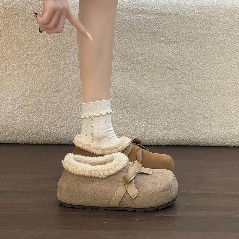 绒面拼接细蝴蝶结毛绒勃肯鞋女2026加绒保暖厚底内增高一脚蹬单鞋,淘宝优惠券,粉丝福利购,淘宝优惠卷