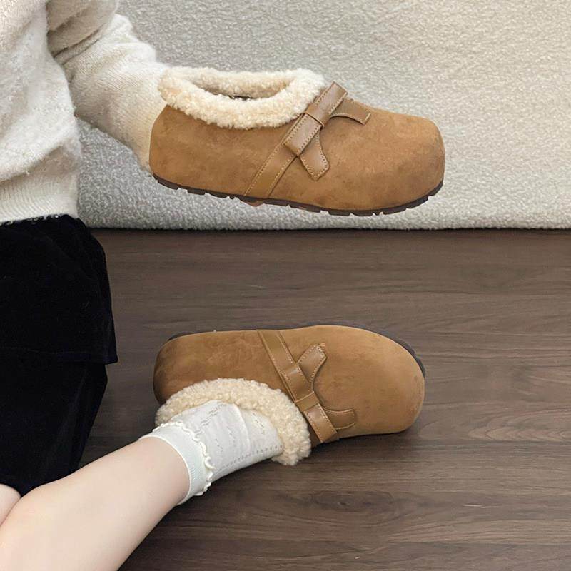 绒面拼接细蝴蝶结毛绒勃肯鞋女2026加绒保暖厚底内增高一脚蹬单鞋,淘宝优惠券,粉丝福利购,淘宝优惠卷