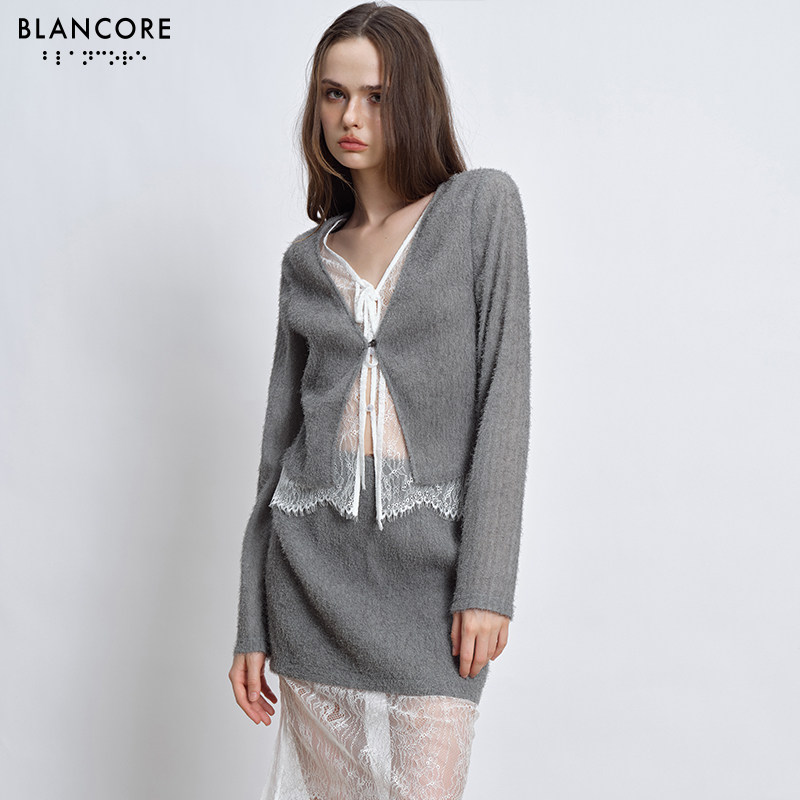 【明星同款BLANCORE】V领镂空蕾丝拼接假两件针织衫开衫上衣女,淘宝优惠券,粉丝福利购,淘宝优惠卷