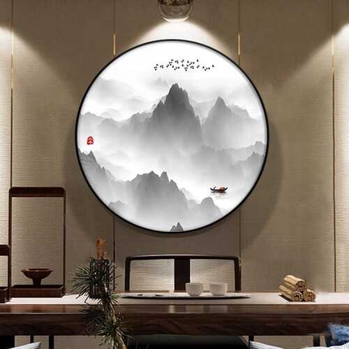 新中式圆形水墨山水装饰墙画禅意进门玄关茶室书房高端办公室挂画 - 图0