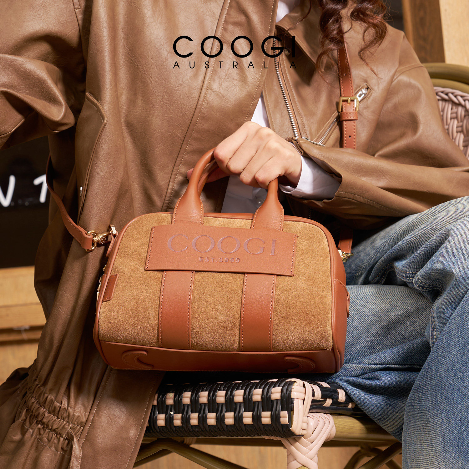 COOGI牛反绒女包轻奢新款麂皮手提包波士顿包通勤真皮单肩斜挎包,淘宝优惠券,粉丝福利购,淘宝优惠卷