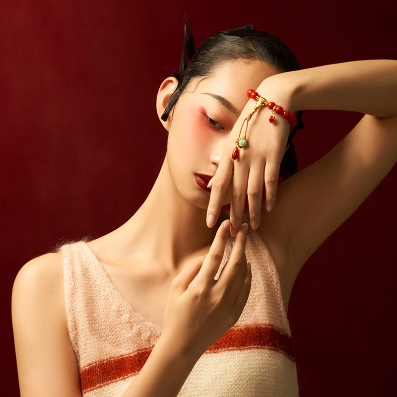 LEFTGO左戈天然满肉南红手串女S925银镀金翡翠9mm圆珠手链本命年,淘宝优惠券,粉丝福利购,淘宝优惠卷