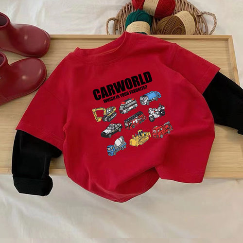 男童纯棉打底衫新年红色长袖T恤男宝汽车衣服宽松韩版假两件上衣 - 图2