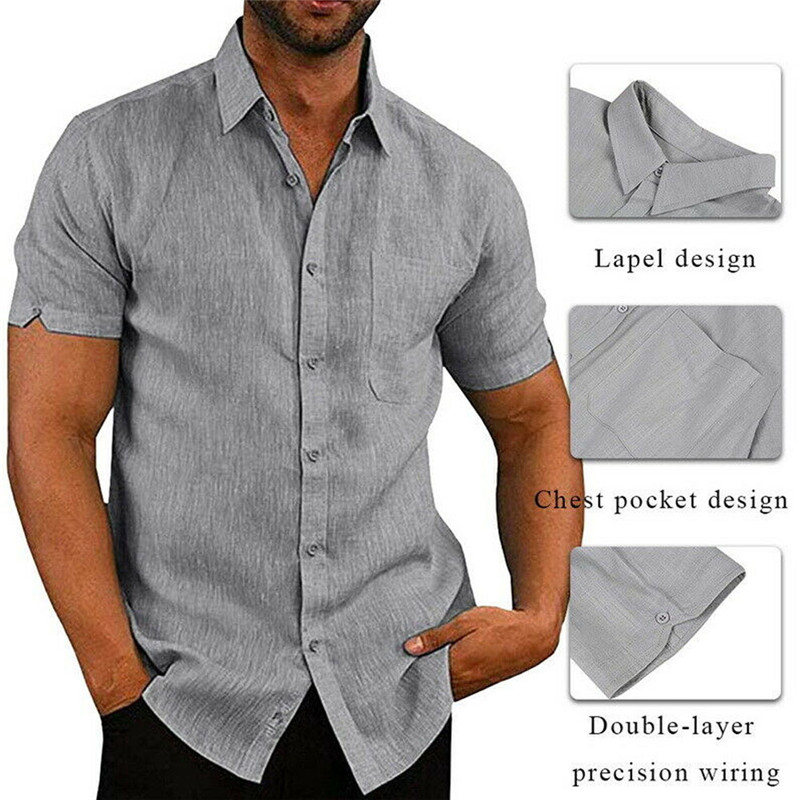 Men Short Sleeve Summer Solid Shirts Casual Loose Tops Tee - 图1