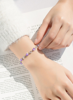心形紫水晶情侣手链女夏纯银