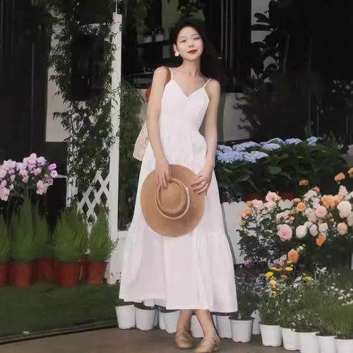 海边度假法式长裙女装夏季超长到脚踝长款裙子v领白色吊带连衣裙 - 图1