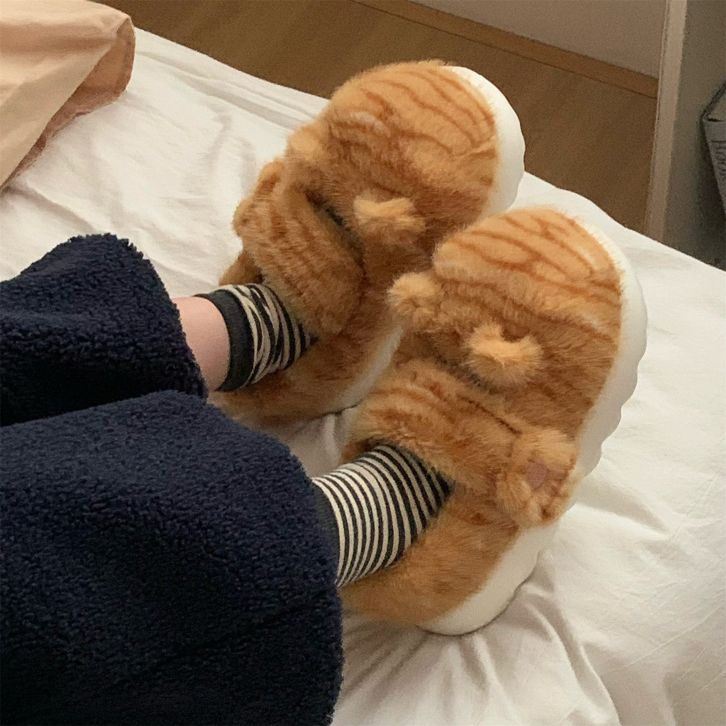 细细条 女冬厚底防滑软萌猫耳豆豆鞋魔术贴毛毛鞋可爱橘猫纹棉鞋,淘宝优惠券,粉丝福利购,淘宝优惠卷