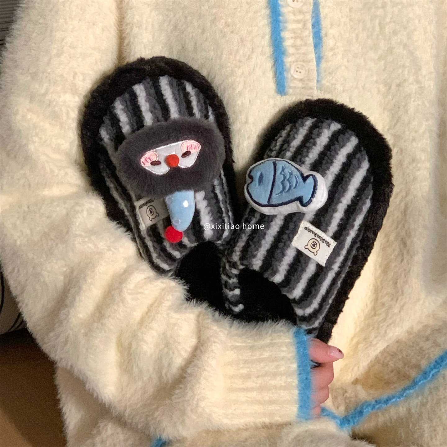 细细条 情侣撞色条纹防滑居家棉拖鞋秋冬可爱企鹅小鱼毛毛鞋男女,淘宝优惠券,粉丝福利购,淘宝优惠卷