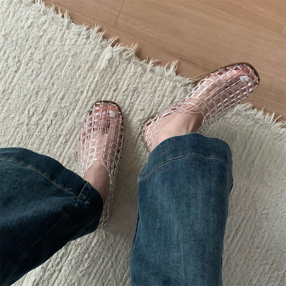 细细条平底果冻鞋水晶凉鞋时尚镂空网格小众网红包头洞洞鞋女夏,淘宝优惠券,粉丝福利购,淘宝优惠卷