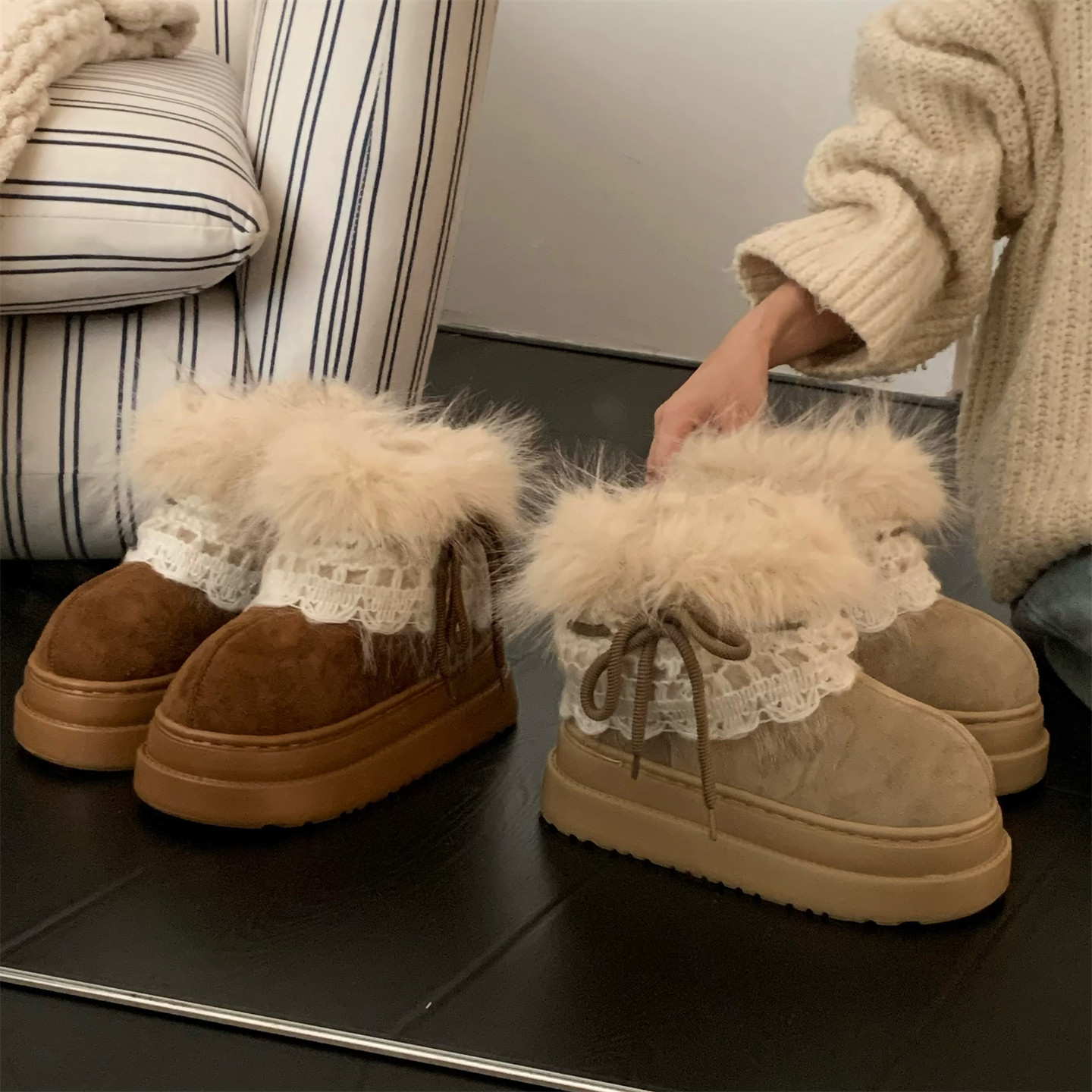 细细条新款创意防滑加绒户外东北短靴增高女冬费尔岛毛毛雪地靴,淘宝优惠券,粉丝福利购,淘宝优惠卷