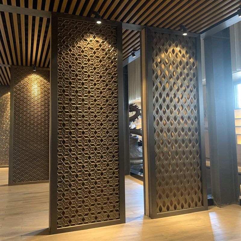 不锈钢浮雕屏风隔断装饰售楼部户外庭院金属镂空格栅酒店背景墙