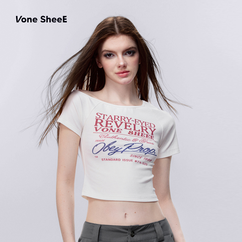 Vone SheeE 美式甜辣上衣复古短款不对称t恤辣妹短袖衣服女夏季 - 图2