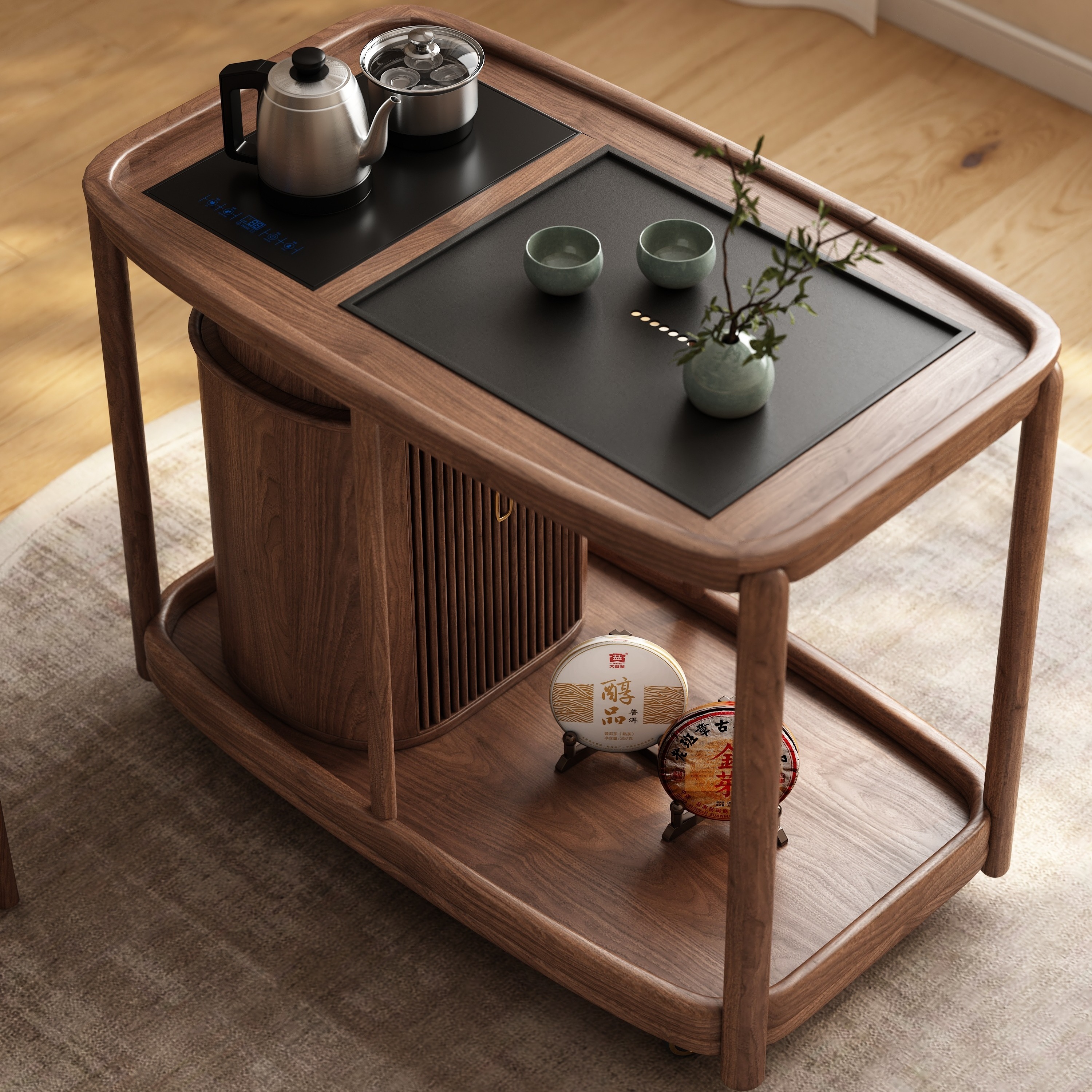实木阳台茶桌家用小户型现代简约新中式茶台桌黑胡桃色移动小茶车 - 图0