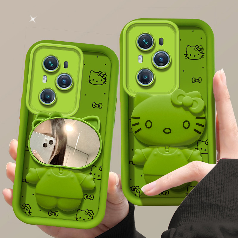 绿色可爱kt猫适用华为荣耀100手机壳90pro卡通70立体50镜子60se带支架80gt+v40轻奢版x50i硅胶x40i十honor30s - 图0