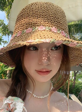 韩版蕾丝蝴蝶结大帽檐草帽女夏季透气遮阳防晒沙滩帽子度假渔夫帽