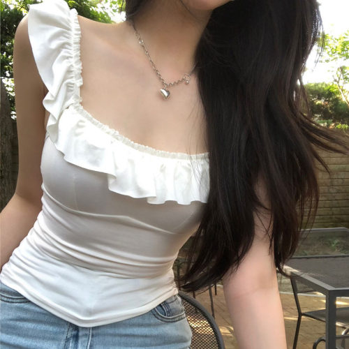 BRANDYMANDY BM风纯欲风荷叶边小飞袖上衣纯欲辣妹显瘦方领背心 - 图1