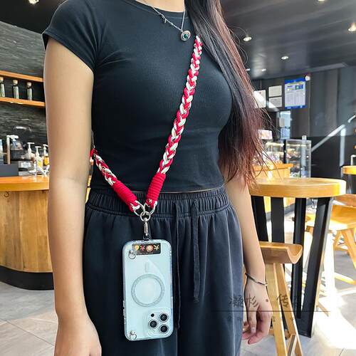 新年红六股编织手机斜挎挂绳高档女款斜跨侧背可背式包带加长挂脖挂肩吊绳金属垫片挂片结实耐用 - 图1