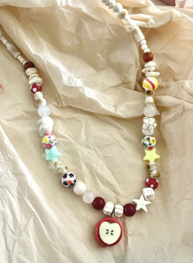 甜美苹果派可爱陶瓷半切苹果串珠项链手链女ins小众高级卡通手饰