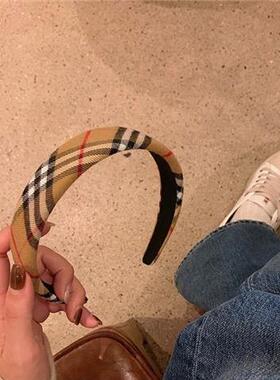 新款复古格子纹发箍气质海绵发卡少女学院风外出宽边布艺头箍发饰