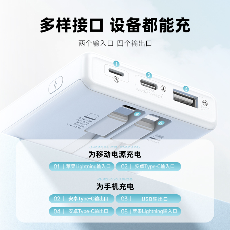 罗马仕充电宝20000毫安自带线2025新款充10000毫安电宝快充大容量超薄便携式适用苹果16iPhone15华为小米vivo