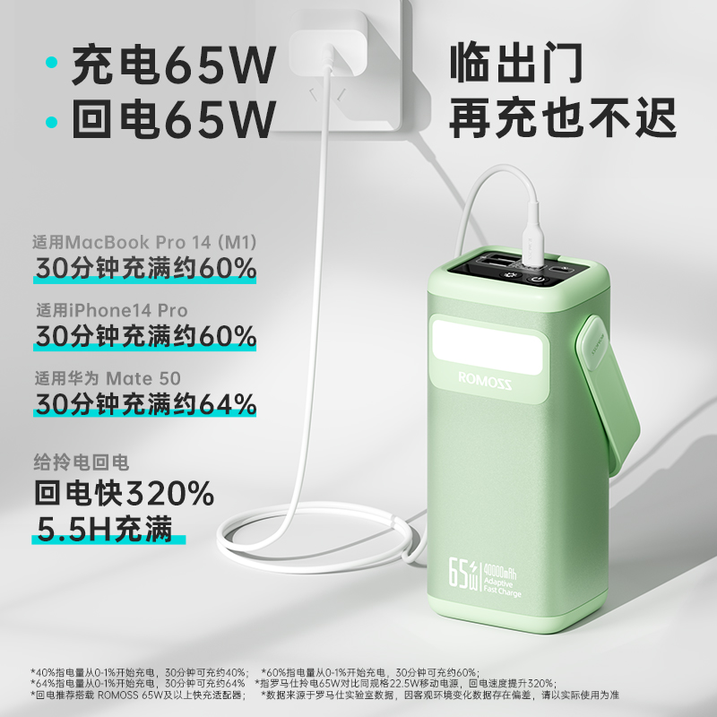 ROMOSS罗马仕充电宝40000毫安时65W大功率超大容量多口快充手提户外便携照明多功能移动电源适用苹果华为手机 - 图1