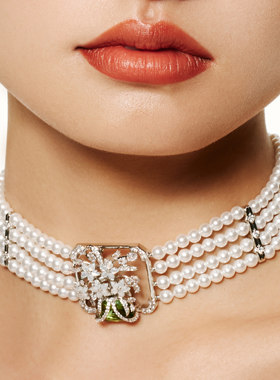 MOH贝母花卉嵌绿水晶珍珠项链