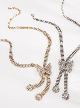 欧美轻奢高级感新娘首饰 新款闪亮满钻宴会礼服蝴蝶V型项饰