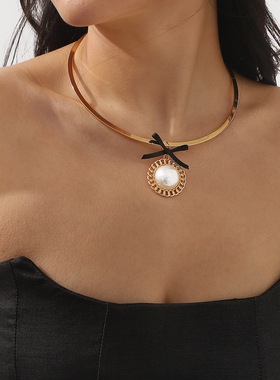 欧美跨境甜酷珍珠金属叠戴项圈女