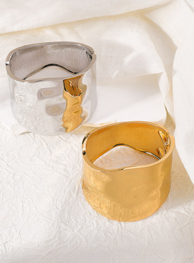 跨境欧美光面几何波浪纹高端手镯 复古宽边弹簧个性夸张开口手环