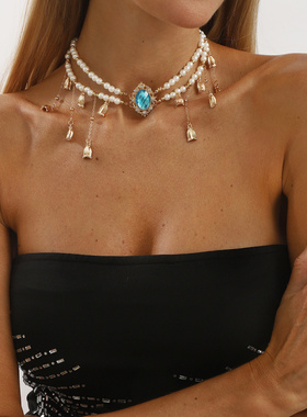 跨境新款项链超仙镶钻珍珠流苏项