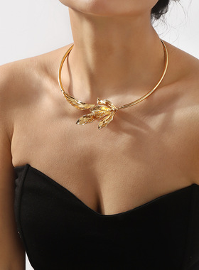 复古个性时髦树叶高端项链女 欧美新款颈链choker开口项圈锁骨链