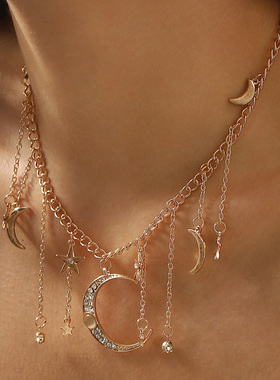 欧美跨境新品星星月亮吊坠高端项链 性感比基尼流苏链条腰链女