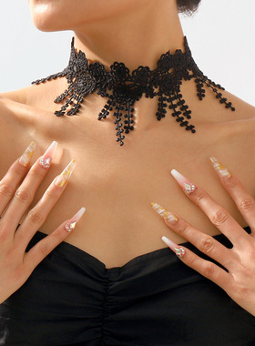 原宿风夸张黑色蕾丝颈链欧美哥特