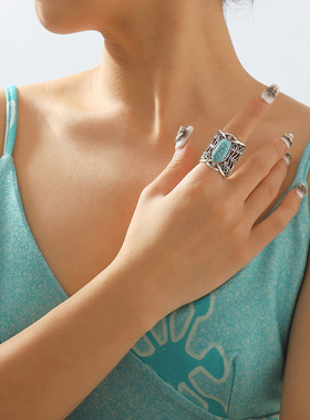 欧美民族风绿松石镶钻戒指 复古风气质简约镂空宽版合金指环配饰