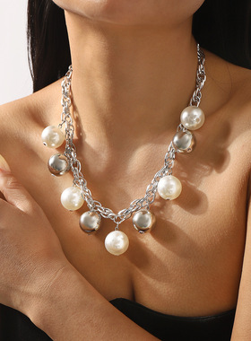 跨境粗链条珍珠吊坠项链个性时尚