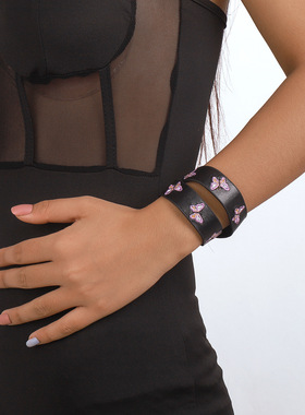 跨境个性创意皮革刺绣手环 小众夸张摇滚简约小清新网红手链配饰